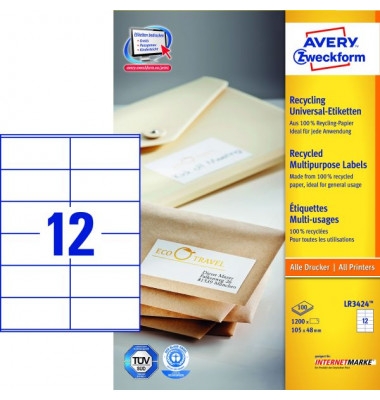 Etiketten LR3424 105 x 48 mm weiß 1200 Stück Recycling Etiketten LR3424 105 x 48 mm weiß 1200 Stück Recycling
