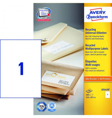 Etiketten LR3478 210 x 297 mm weiß 100 Stück Recycling Etiketten LR3478 210 x 297 mm weiß 100 Stück Recycling