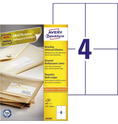 Etiketten LR3483 105 x 148 mm weiß 400 Stück Recycling Etiketten LR3483 105 x 148 mm weiß 400 Stück Recycling