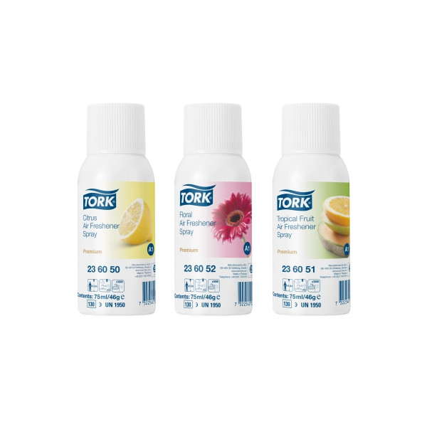 Tork 236056 Lufterfrischer Sprays im Mixed Pack - 4x Blütenduft, 4x Zitrusduft, 4x Fruchtduft / Neutralisieren unangenehme Gerüche / 12er Pack Nachfüller Duftspray A1 Premium / 12x75ml
