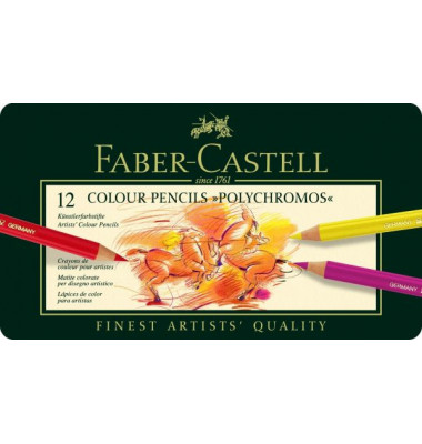 K&uuml;nstlerstifte-Set POLYCHROMOS 110012, 12-farbig sortiert, rund, Etui  Metall