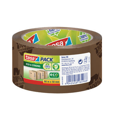 Packband Tesapack Eco & Strong 58155-00000, 100% recycled plastic, 50mm x 66m, PP, leise abrollbar, braun