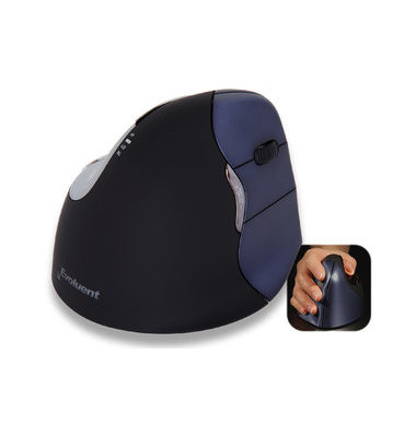 Vertikalmaus Evoluent 4, 5 Tasten, kabellos, USB-Funk, Rechtshänder, ergonomisch, hohe Auflösung, optisch, schwarz, silber