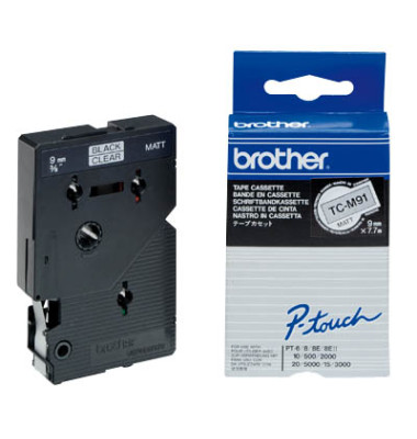 P-touch Schriftband TC-M91 9mm x 7,7m schwarz/farblos laminert selbstklebend