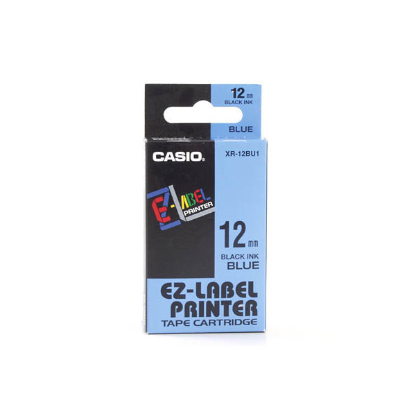 Casio Schriftband XR-12BU1 12mm x 8m schwarz/blau laminiert stark selbstklebend 4971850120360 Casio