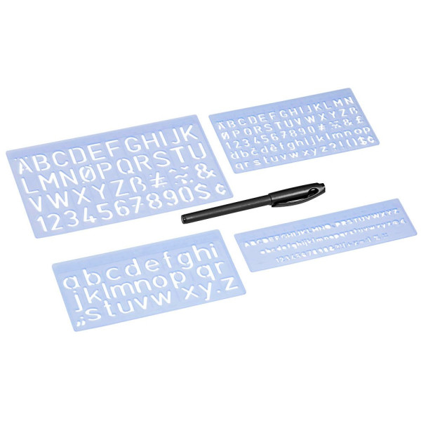 4003801002491 - Kunststoff-Schablone Schrift 7012 transparent Schrifthöhe 5mm 10mm & 20mm inkl Faserschreiber 4003801002491 4 Stück