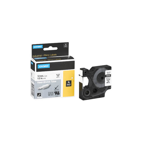 DYMO Rhino Industrie Schrumpfschlauch-Kabeletiketten | 12 mm1,5 m | Schwarz auf weiß | für DYMO Rhino Beschriftungsgerät