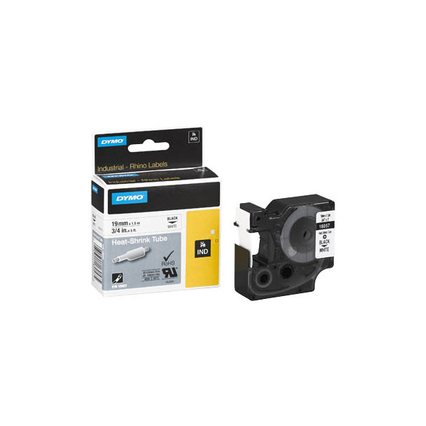 0071701180575 - DYMO Rhino Industrie Schrumpfschlauch-Kabeletiketten | 19 mm x 15 m | schwarze Schrift auf weißem Untergrund | selbstklebend