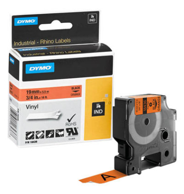 Schriftbandkassette, Rhino, permanent schwarz auf orange 19mm x 5,5m Schriftbandkassette, Rhino, permanent schwarz auf orange 19mm x 5,5m
