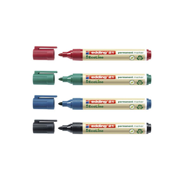 4004764917907 - edding EcoLine 21 Permanentmarker Mittel Rundspitze 15 - 3 mm Farbig sortiert Nachfüllbar Wasserbeständig 4 Stück