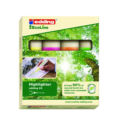 Textmarker-Set Highlighter 24 EcoLine, 4-24-4, Etui, gelb/rosa/orange/hellgr&uuml;n, 2-5mm Keilspitze