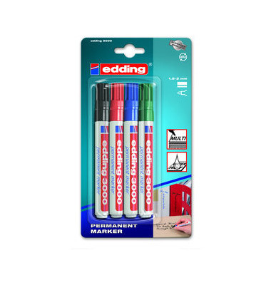 Permanentmarker-Set 3000, 3000/4S, Packung, 4-farbig sortiert, 1,5-3mm Rundspitze