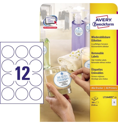 Etiketten L7104REV-25, weiß 60x60mm, rund, 