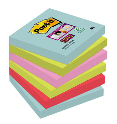 Haftnotizen 6546SMI, Super Sticky Cosmic, 76x76mm, türkis/neongrün/tropicalpink/guavapink, quadratisch
