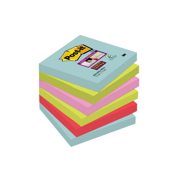 Post-it Haftnotizen 6546SMI, Super Sticky Cosmic, 76x76mm, türkis/neongrün/tropicalpink/guavapink, quadratisch 0076308499419 Post-it 6 Stück
