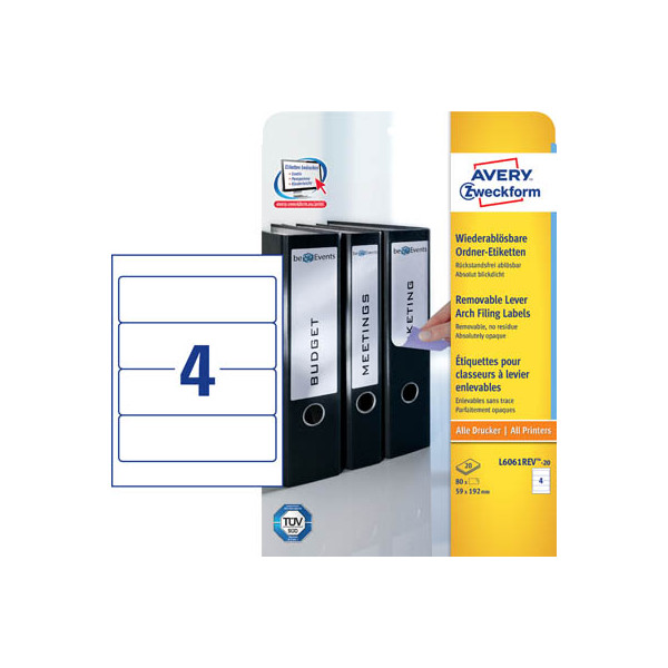 4004182068168 - AVERY Zweckform L6061REV-20 Ablösbare Ordneretiketten DIN A4 Weiß 59 x 192 mm 30 Blatt à 4 Etiketten 4004182068168 - AVERY Zweckform L6061REV-20 Ablösbare Ordneretiketten DIN A4 Weiß 59 x 192 mm 30 Blatt à 4 Etiketten