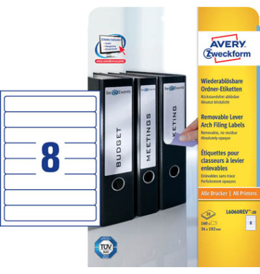 selbstklebende Rückenschilder Ordnerrücken-Etiketten L6060REV-20 weiß schmal/kurz 34x192mm selbstklebend wiederablösbar 