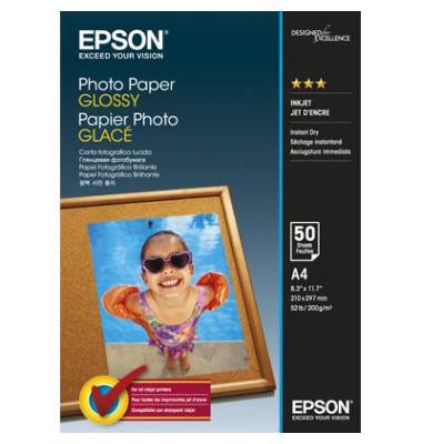 Fotopapier Glossy S042539, A4, für Inkjet, 200g weiß glänzend einseitig bedruckbar