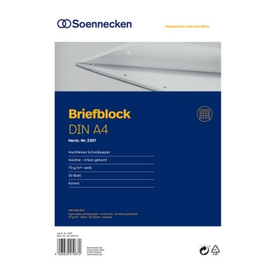 Briefblock 2307, Lineatur 28 / kariert, A4, 70g, weiß, 50 Blatt