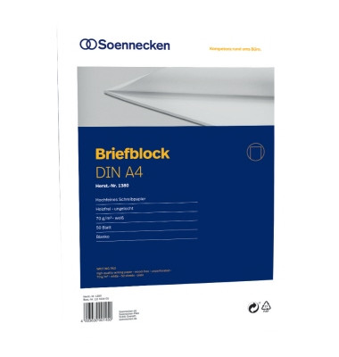 Briefblock 1380, ohne, Lineatur 20 / blanko, A4, 70g, wei&szlig;, 50 Blatt