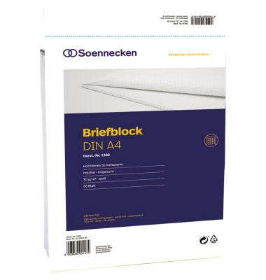 Briefblock 1383, ohne, Lineatur 23 / rautiert, A4, 70g, wei&szlig;, 50 Blatt