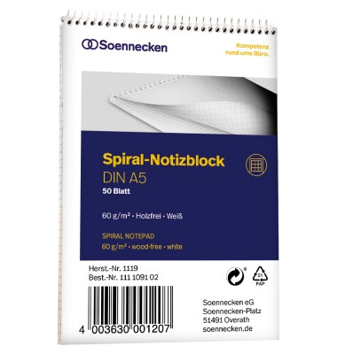 Notizblock 1119, kariert, A5, 60g, weiß, 50 Blatt