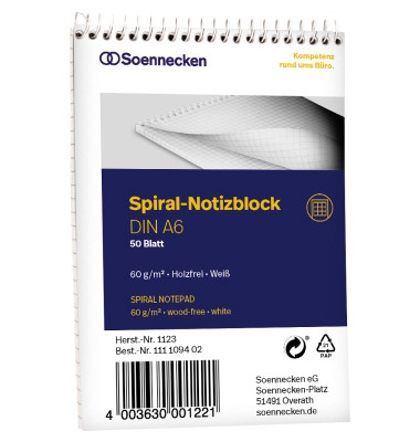 Notizblock 1123, kariert, A6, 60g, weiß, 50 Blatt