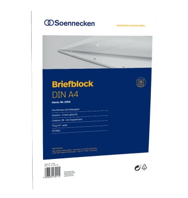 Briefblock 2304, ohne, Lineatur 28 / kariert, A4, 70g, wei&szlig;, 50 Blatt