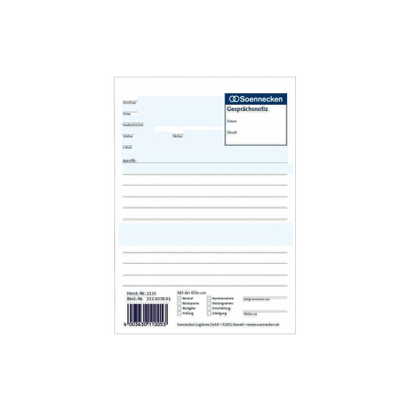 4003630110053 - Gesprächsnotiz 1115 DIN A5 50Blatt weiß 4003630110053 Soennecken