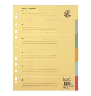 Kartonregister 1528, 6-teilig blanko, A4, 250 g/m², farbige Taben, 6-teilig