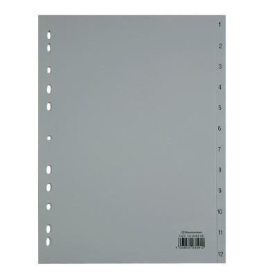 Kunststoffregister 1529, 1 bis 12, A4, 120&micro;m, graue Taben, 12-teilig
