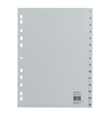 Kunststoffregister 1577, 1 bis 15, A4, 120µm, graue Taben, 15-teilig