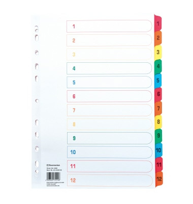 Kartonregister 1580, 1 bis 12, A4, 170 g/m², farbige Taben, 12-teilig