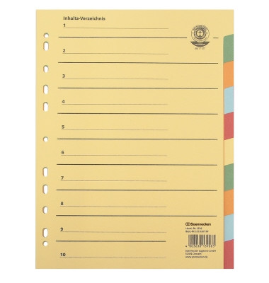 Kartonregister 1526, 10-teilig blanko, A4, 250 g/m&sup2;, farbige Taben, 10-teilig