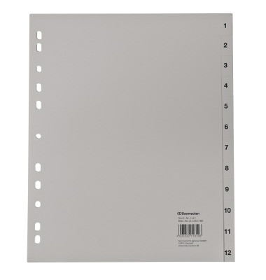 Kunststoffregister 2133, 1 bis 12, A4+, 120&micro;m, graue Taben, 12-teilig