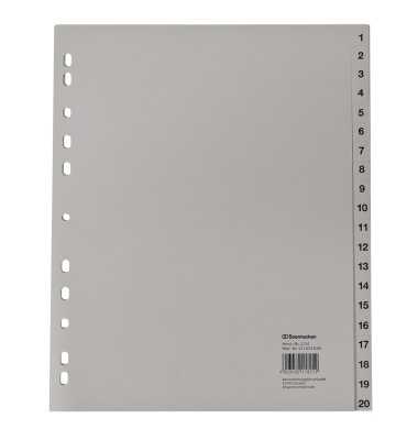 Kunststoffregister 2134, 1 bis 20, A4+, 120&micro;m, graue Taben, 20-teilig
