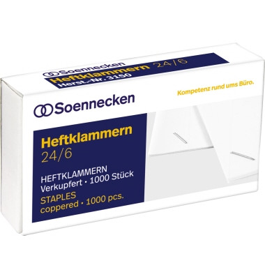 Heftklammern 24/6, 3150, Stahldraht verkupfert, Heftleistung 30 Blatt max.