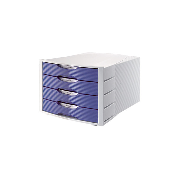 Schubladenbox 4 Schubladen din A4 Polystyrol Gehäusefarbe lichtgrau Farbe der Schublade blau