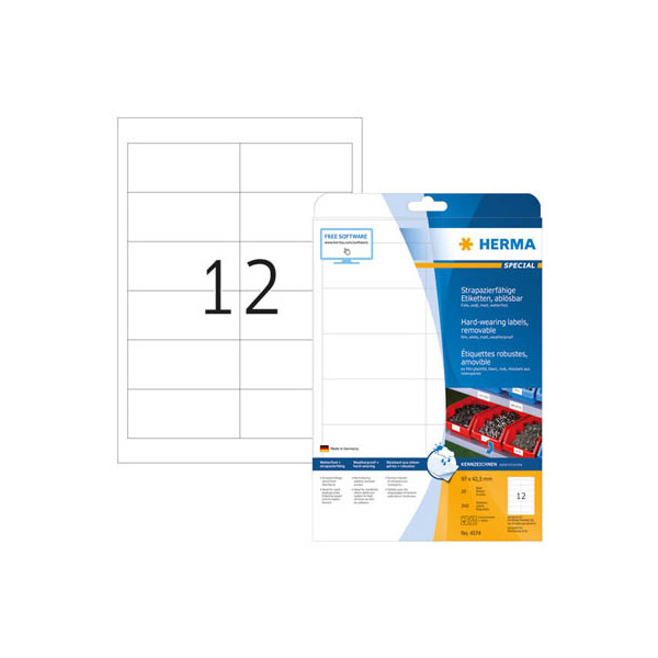 4008705045742 - Folienetiketten HERMA 4574 selbstklebend wiederablösbar wetterfest bedruckbar B 97 x H 423 mm weiß 240 Stück 20 Blatt