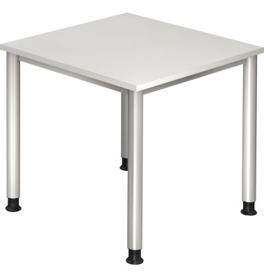 Schreibtisch, manuell höhenverstellbar, 68,5-81cm (H), 80x80cm (BxT), quadratisch, weiß / silber