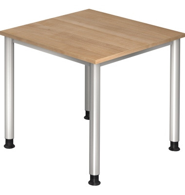 Schreibtisch, manuell höhenverstellbar, 68,5-81cm (H), 80x80cm (BxT), quadratisch, nussbaum / silber