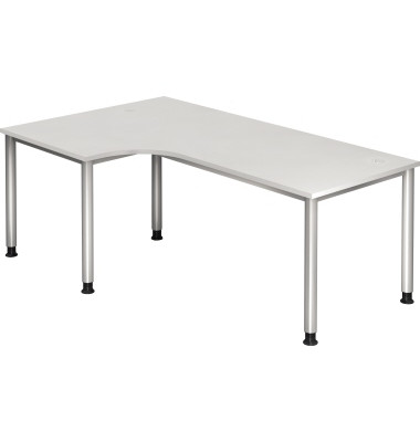 Schreibtisch, manuell höhenverstellbar, 68-76cm (H), 200x120cm (BxT), L-Form, weiß / silber Schreibtisch, manuell höhenverstellbar, 68-76cm (H), 200x120cm (BxT), L-Form, weiß / silber