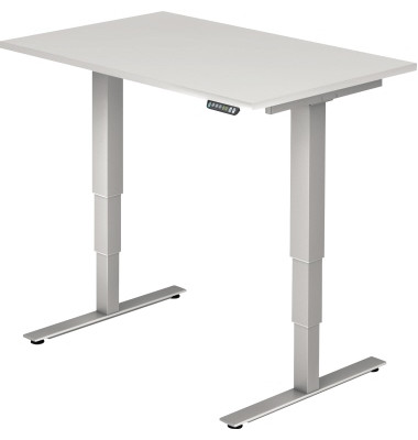 Sitz-Steh-Schreibtisch, elektrisch höhenverstellbar, 63,5-128,5cm (H), 120x80cm (BxT), rechteckig, weiß / silber Sitz-Steh-Schreibtisch, elektrisch höhenverstellbar, 63,5-128,5cm (H), 120x80cm (BxT), rechteckig, weiß / silber
