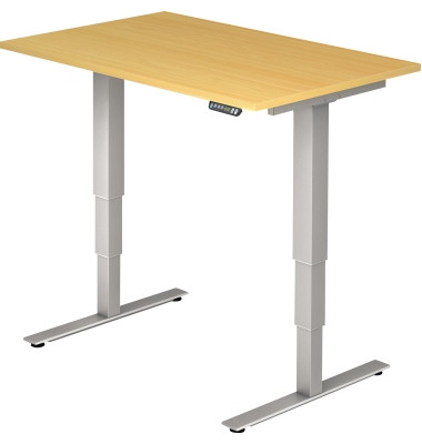 Sitz-Steh-Schreibtisch, elektrisch höhenverstellbar, 63,5-128,5cm (H), 120x80cm (BxT), rechteckig, buche / silber Sitz-Steh-Schreibtisch, elektrisch höhenverstellbar, 63,5-128,5cm (H), 120x80cm (BxT), rechteckig, buche / silber