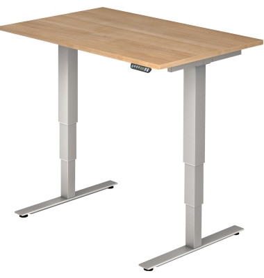 Sitz-Steh-Schreibtisch XDSM, elektrisch h&ouml;henverstellbar, 63-127cm (H), 120x80cm (BxT), rechteckig, nussbaum / silber