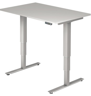 Sitz-Steh-Schreibtisch, elektrisch höhenverstellbar, 63,5-128,5cm (H), 120x80cm (BxT), rechteckig, grau / silber Sitz-Steh-Schreibtisch, elektrisch höhenverstellbar, 63,5-128,5cm (H), 120x80cm (BxT), rechteckig, grau / silber