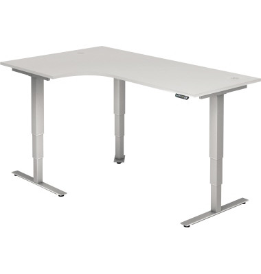 Sitz-Steh-Schreibtisch, elektrisch höhenverstellbar, 63,5-128,5cm (H), 200x120cm (BxT), L-Form, weiß / silber