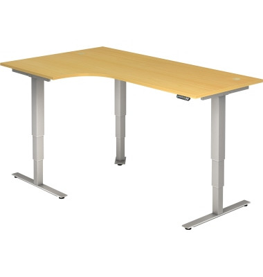 Sitz-Steh-Schreibtisch, elektrisch höhenverstellbar, 63,5-128,5cm (H), 200x120cm (BxT), L-Form, buche / silber