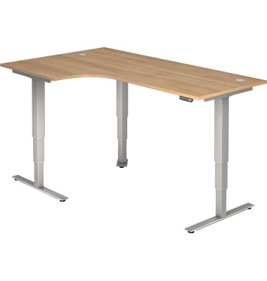 Sitz-Steh-Schreibtisch XDSM, elektrisch h&ouml;henverstellbar, 63-127cm (H), 200x120cm (BxT), L-Form, nussbaum / silber