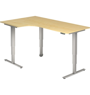 Sitz-Steh-Schreibtisch, elektrisch höhenverstellbar, 63,5-128,5cm (H), 200x120cm (BxT), L-Form, ahorn / silber